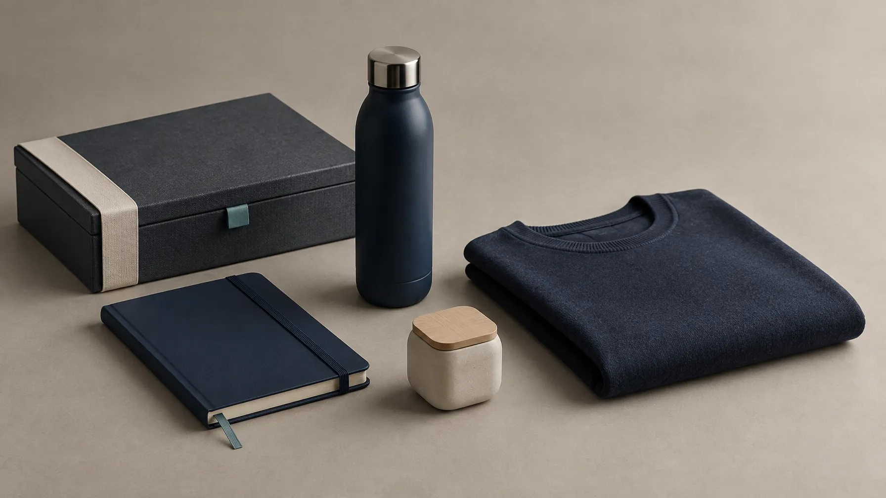 Considered arrangement of premium unbranded promotional products for an agency campaign