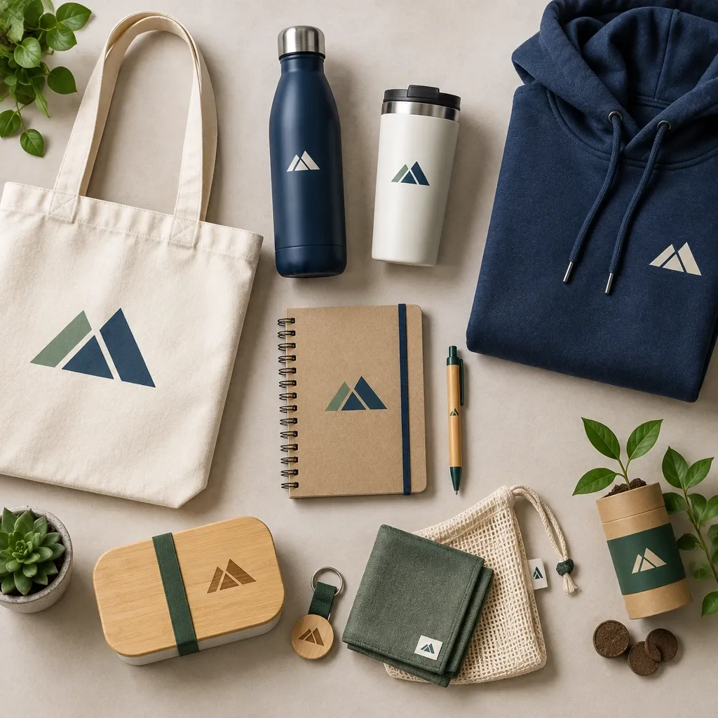 Branded merchandise flat lay for a London business merchandise brief