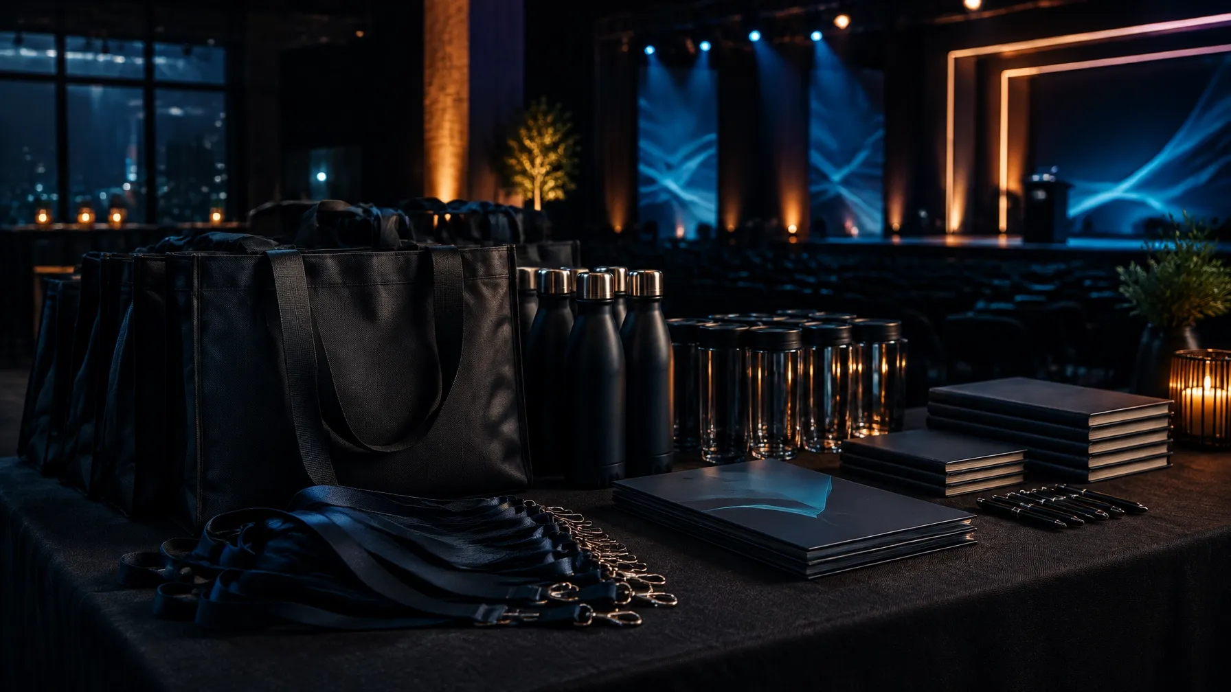 Branded event bags, drinkware, lanyards and conference materials arranged in a cinematic event space