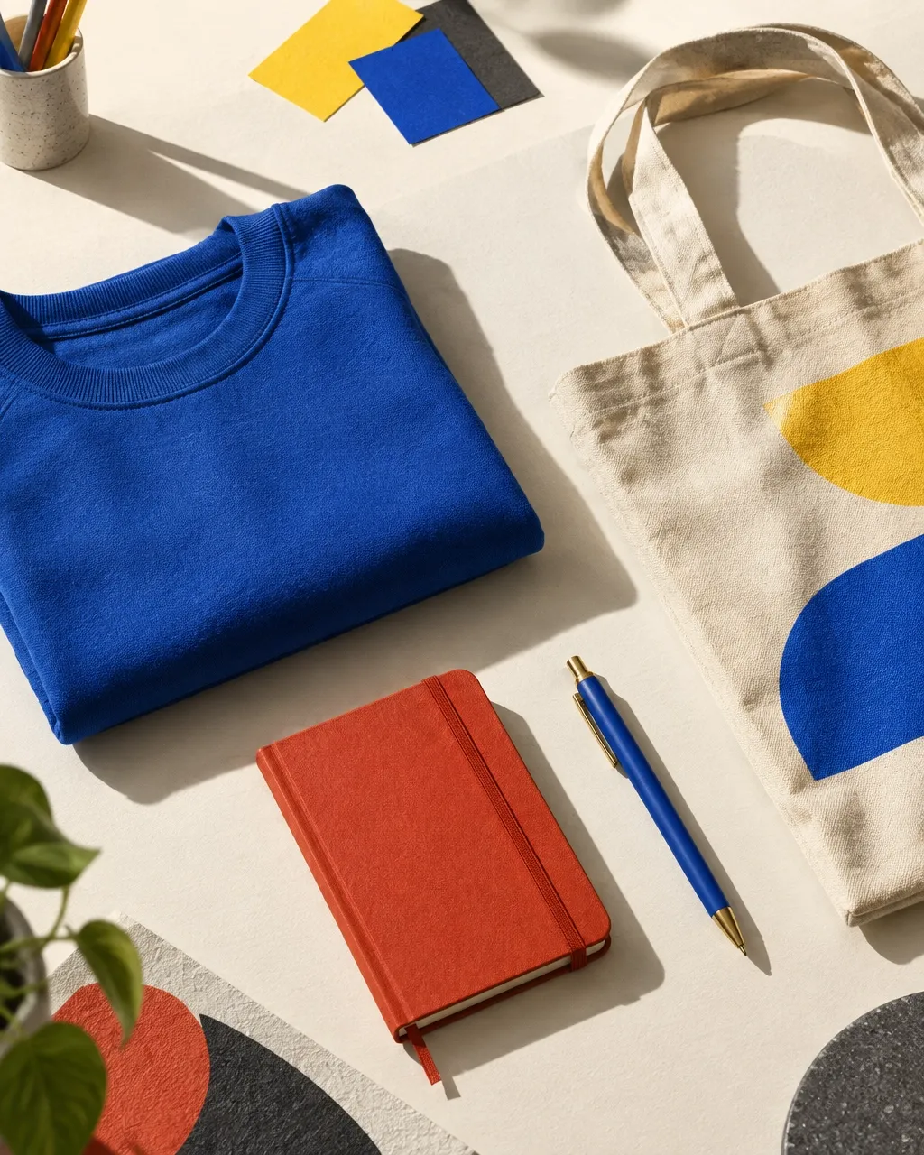 Branded merchandise and workspace detail for a London business campaign