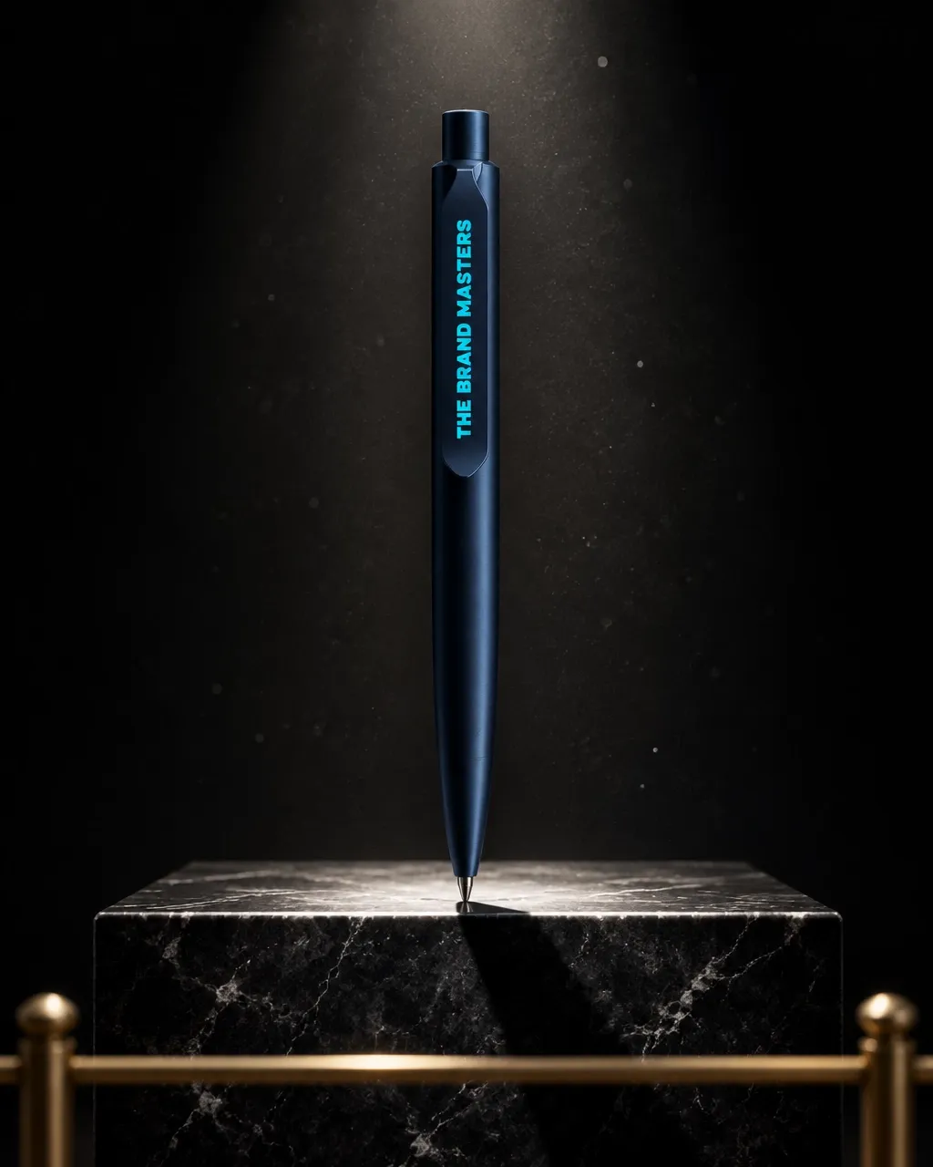 Single blue ballpoint pen standing on a dark stone plinth under a hard spotlight, with a brass museum rail in the foreground