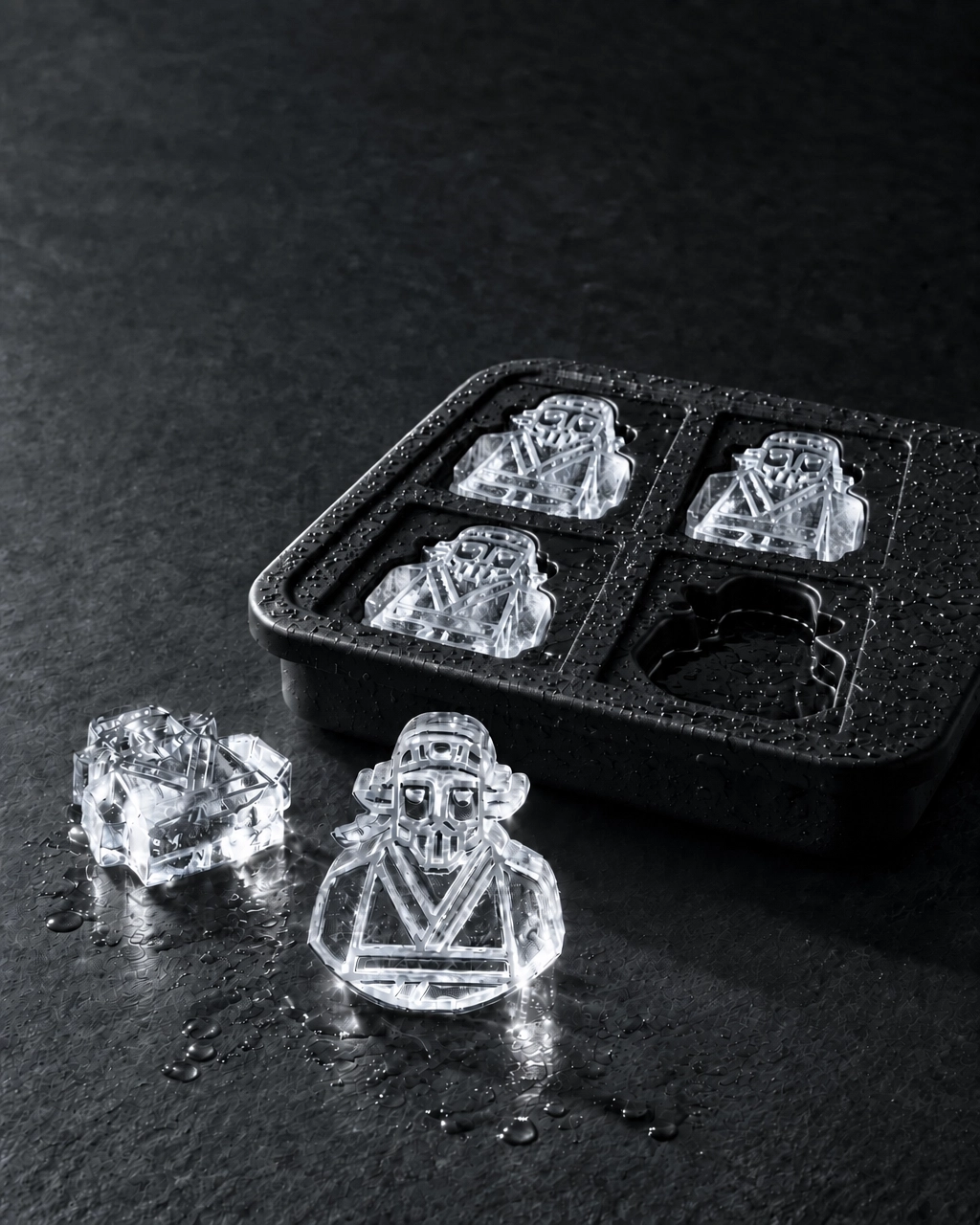 Black silicone ice cube tray with emblem-shaped ice cubes on dark slate