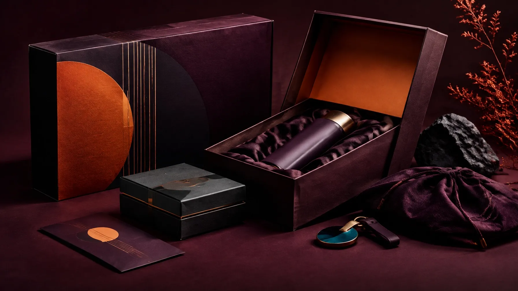 Richly coloured product launch packaging, presentation boxes and launch gifts arranged for a new product drop
